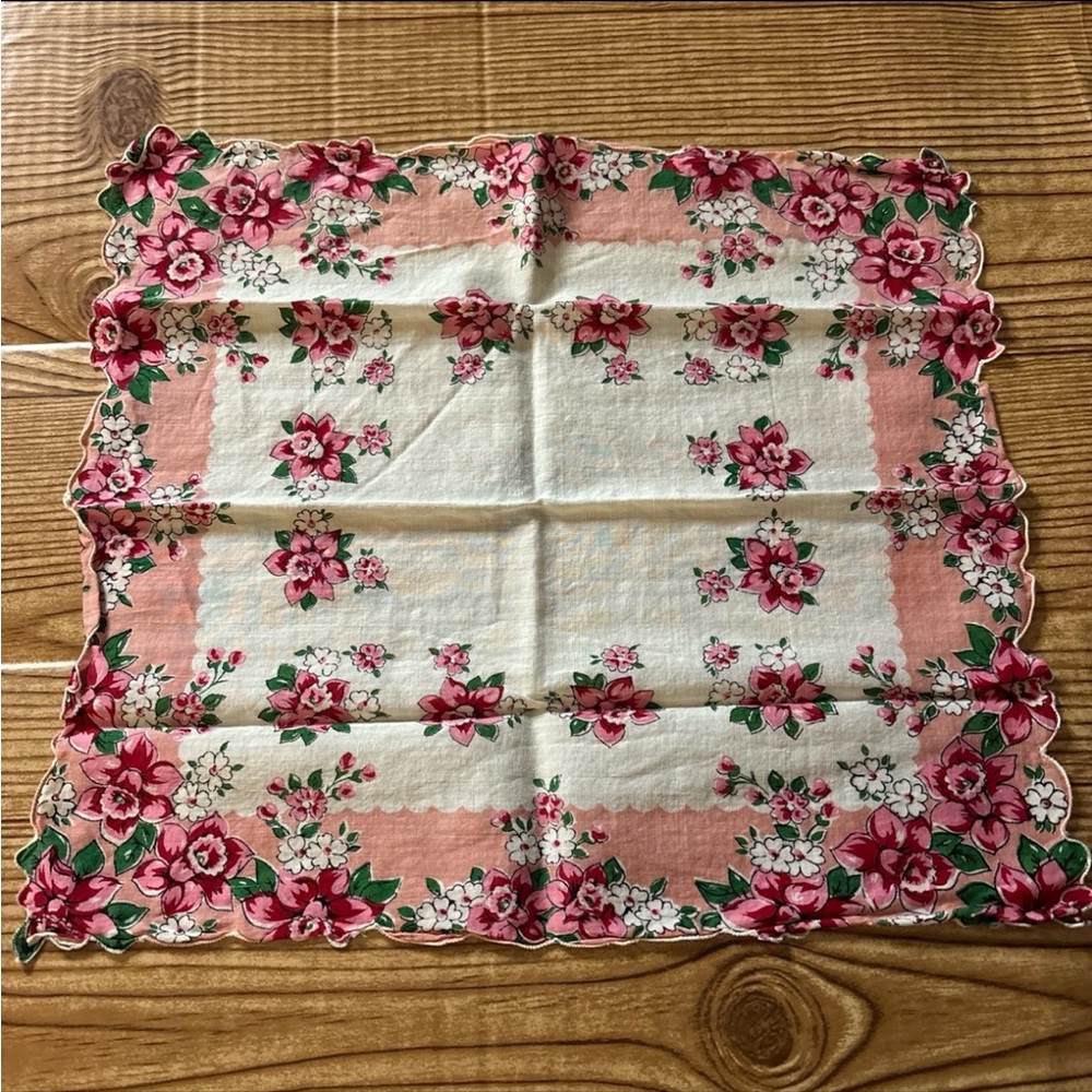 Vintage Floral Handkerchief with Pink and Red Flowers Daffodils